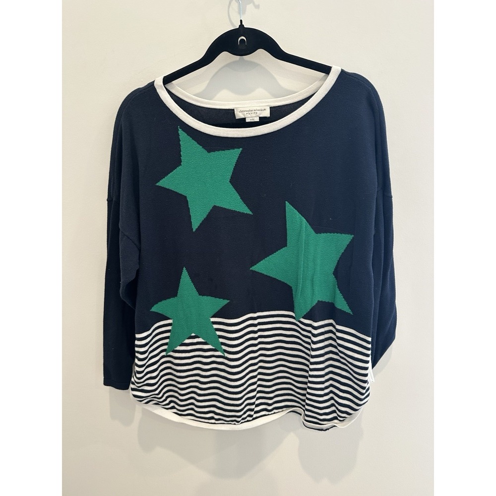 Christopher & Banks Petite P/XL Navy Striped Star Crew Neck Pullover Sweater